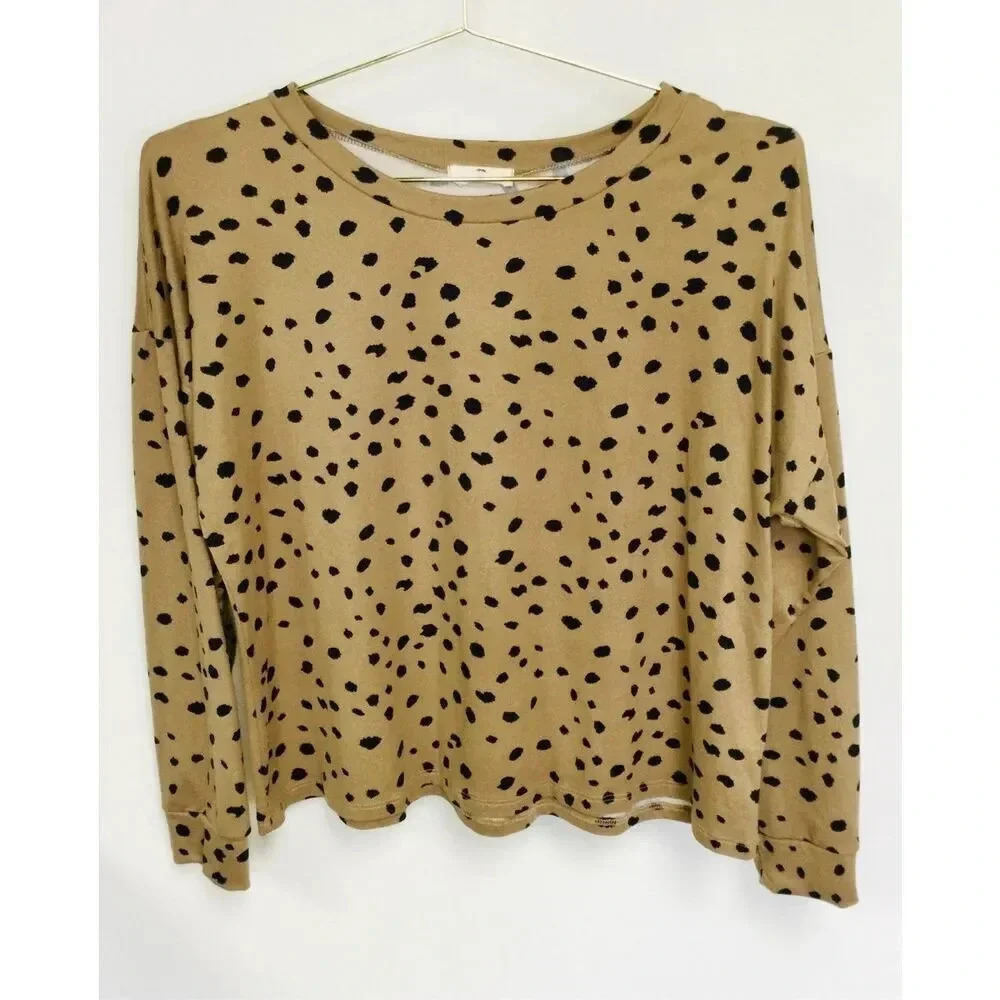 Entro‎ Womens Tan Black Long Sleeve Leopard Print Cropped T-Shirt Small